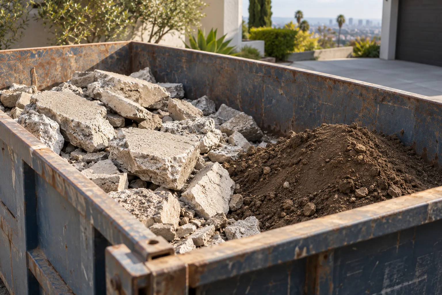 Clean broken concrete and soil inside a low-sided container