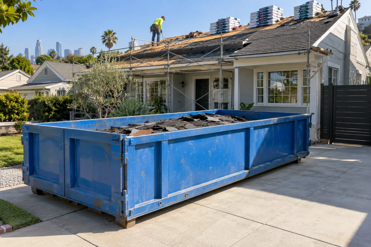 A roll-off container set beside a residential roofing project